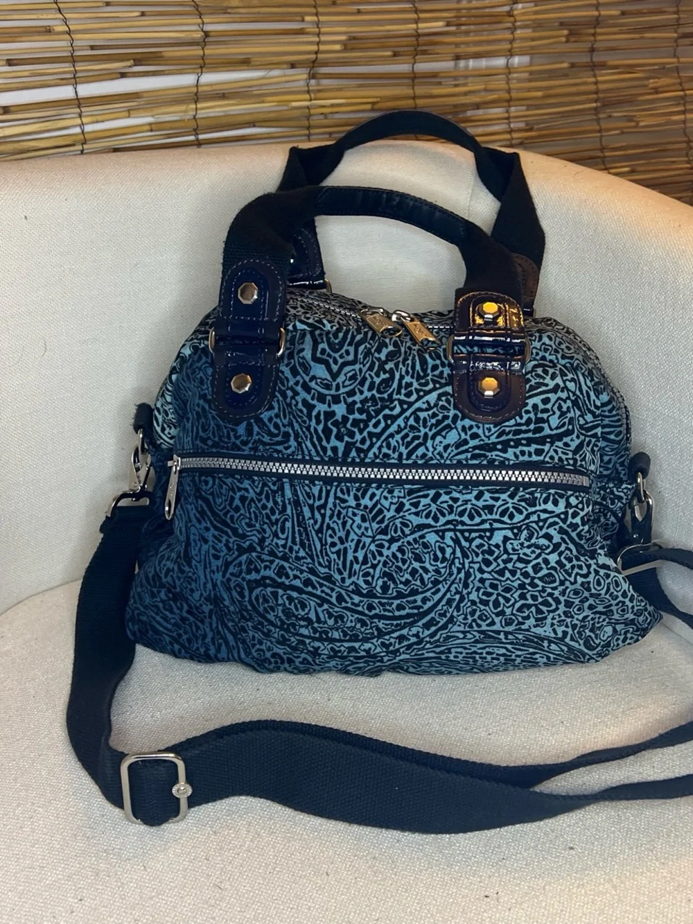 Teal and Black Patterned Shoulder Bag with Multiple Pockets